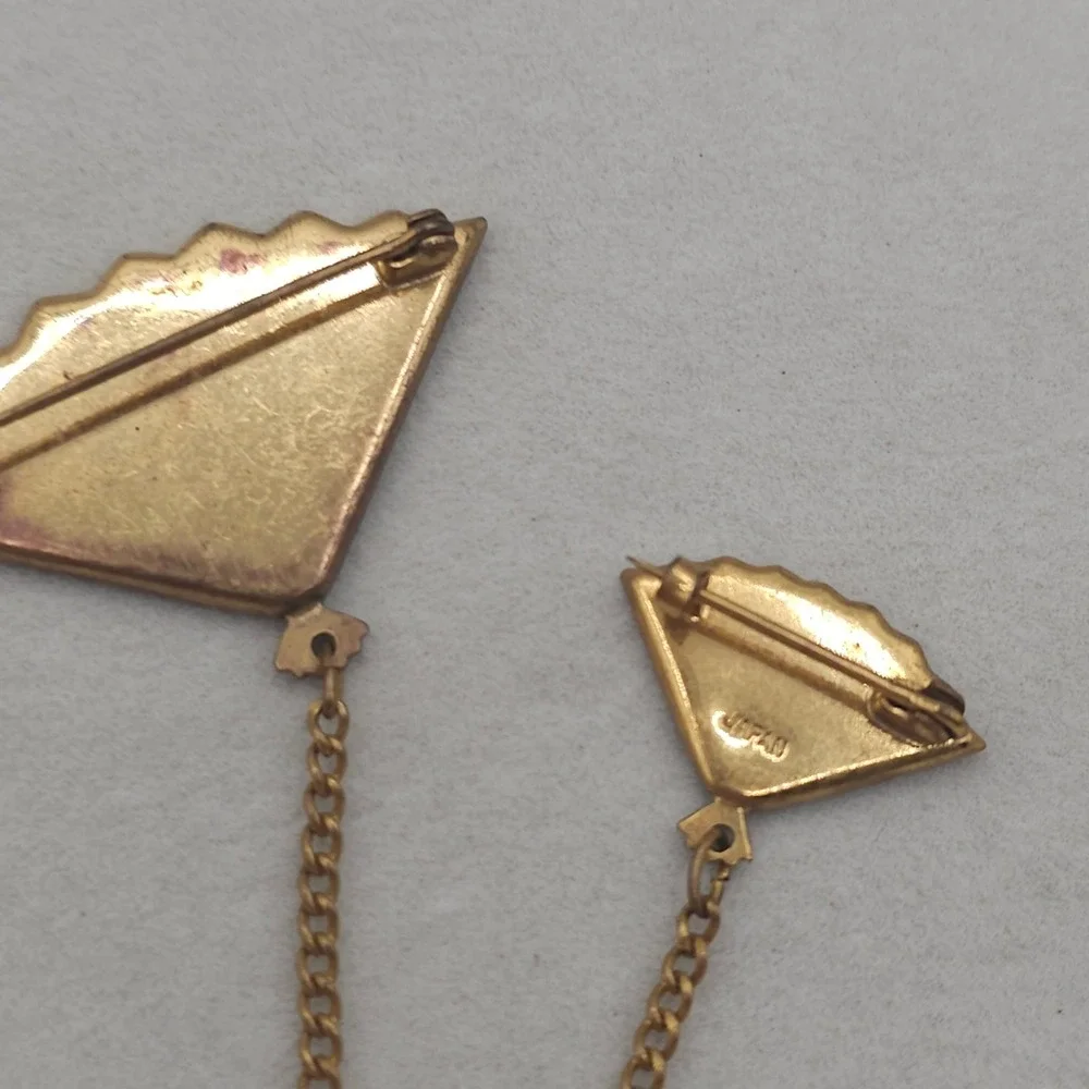 Vintage Japanese Damascene Fan Brooches Sweater Guard K24 Inlay Landscape Japan